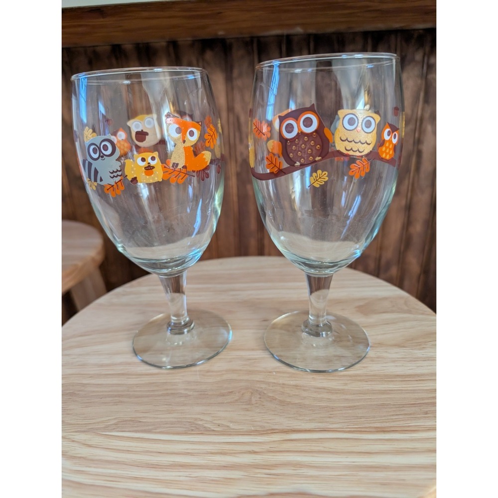 (2) Vintage Libbey Glass Woodland Theme Owls Fall  Water/ Wine Goblets  7 1/2" T